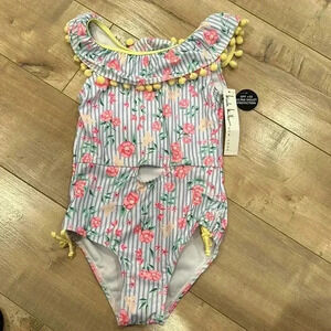 4/$25 NWT Nicole Miller One Piece Floral Striped Pom Pom Swim Suit Girls M (10)
